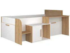 Lit combiné 90 x 200 cm avec bureau et rangements - Coloris : Blanc et naturel + Sommier + Matelas - PEDRO