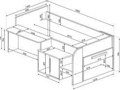 Lit combiné 90 x 200 cm avec bureau et rangements - Coloris : Blanc et naturel + Sommier + Matelas - PEDRO