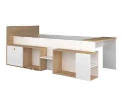 Lit combiné 90 x 200 cm avec bureau et rangements - Blanc et naturel + Sommier + Matelas - PALOMA