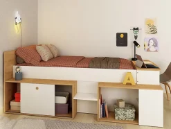 Lit combiné 90 x 200 cm avec bureau et rangements - Blanc et naturel + Sommier + Matelas - PALOMA