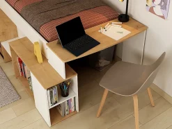 Lit combiné 90 x 200 cm avec bureau et rangements - Blanc et naturel + Sommier + Matelas - PALOMA