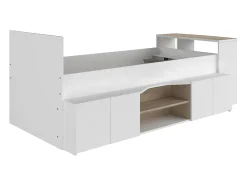Lit combiné 90 x 190/200 cm avec bureau et rangements - Blanc et naturel + Sommier + Matelas - JOCHIANE