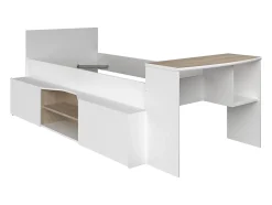 Lit combiné 90 x 190/200 cm avec bureau et rangements - Blanc et naturel + Sommier + Matelas - JOCHIANE