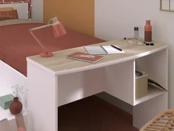 Lit combiné 90 x 190/200 cm avec bureau et rangements - Blanc et naturel + Sommier + Matelas - JOCHIANE