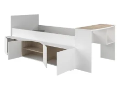 Lit combiné 90 x 190/200 cm avec bureau et rangements - Blanc et naturel + Sommier + Matelas - JOCHIANE