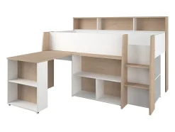 Lit combiné 90 x 200 cm avec bureau et rangements - Blanc et naturel - APOLINO
