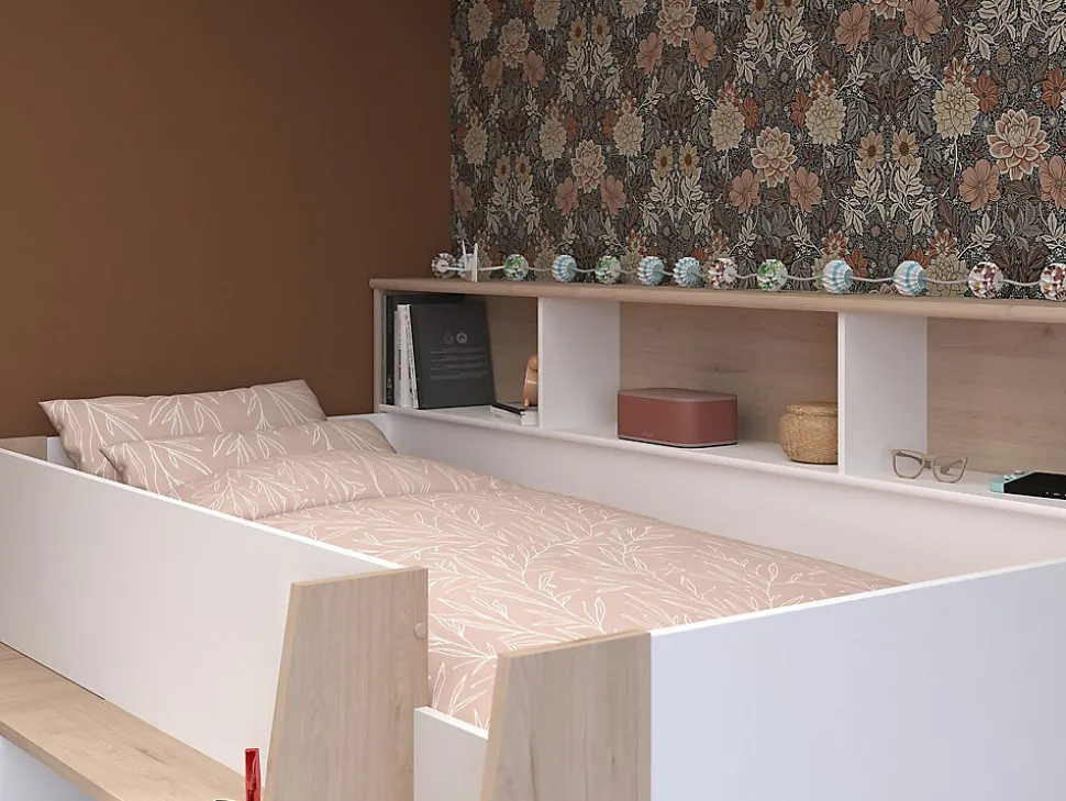 Lit combiné 90 x 200 cm avec bureau et rangements - Blanc et naturel - APOLINO