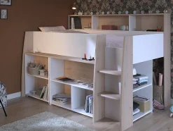 Lit combiné 90 x 200 cm avec bureau et rangements - Blanc et naturel - APOLINO