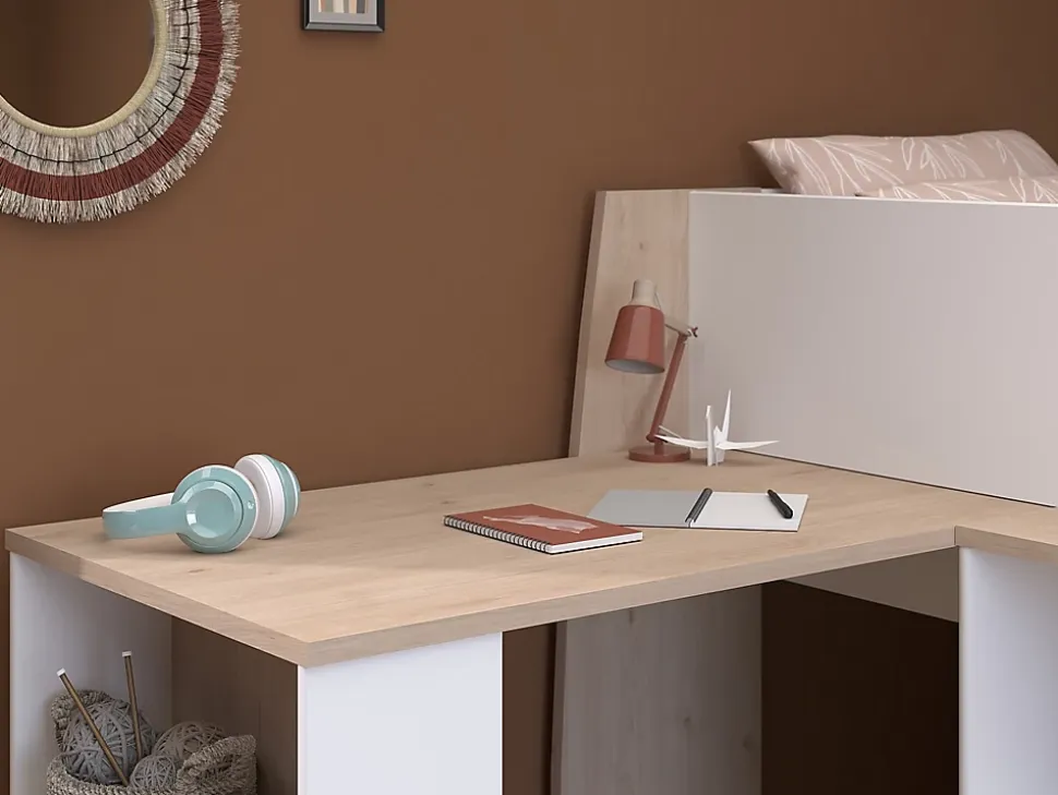 Lit combiné 90 x 200 cm avec bureau et rangements - Blanc et naturel - APOLINO
