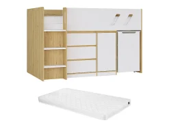 Lit combiné 90 x 190 cm avec bureau et rangements - Coloris : Naturel et blanc + Matelas - SAGITI