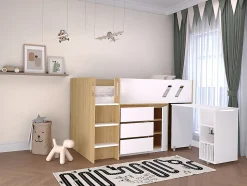 Lit combiné 90 x 190 cm avec bureau et rangements - Coloris : Naturel et blanc + Matelas - SAGITI