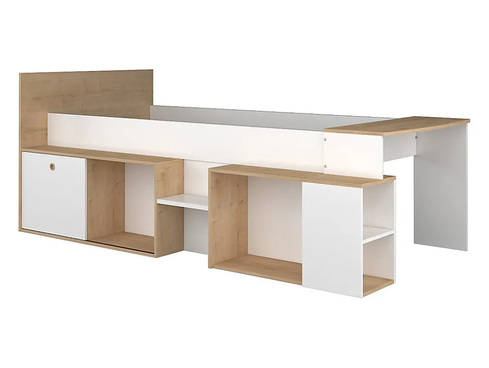 Lit combiné 90 x 200 cm avec bureau et rangements - Blanc et naturel - PALOMA