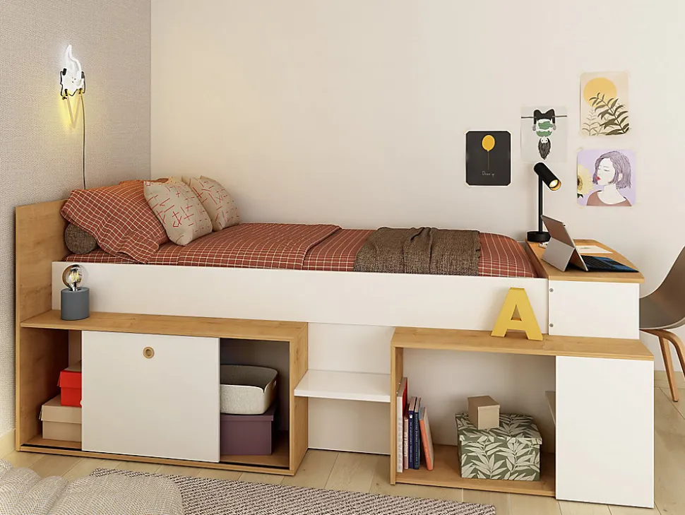 Lit combiné 90 x 200 cm avec bureau et rangements - Blanc et naturel - PALOMA