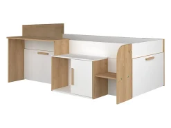 Lit combiné 90 x 200 cm avec bureau et rangements - Coloris : Blanc et naturel - PEDRO