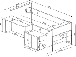 Lit combiné 90 x 200 cm avec bureau et rangements - Coloris : Blanc et naturel - PEDRO