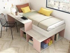 Lit combiné 90 x 200 cm avec rangements et bureau - Coloris : Naturel et rose + Sommier + Matelas - RIGALI