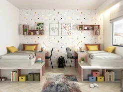 Lit combiné 90 x 200 cm avec rangements et bureau - Coloris : Naturel et rose + Sommier + Matelas - RIGALI