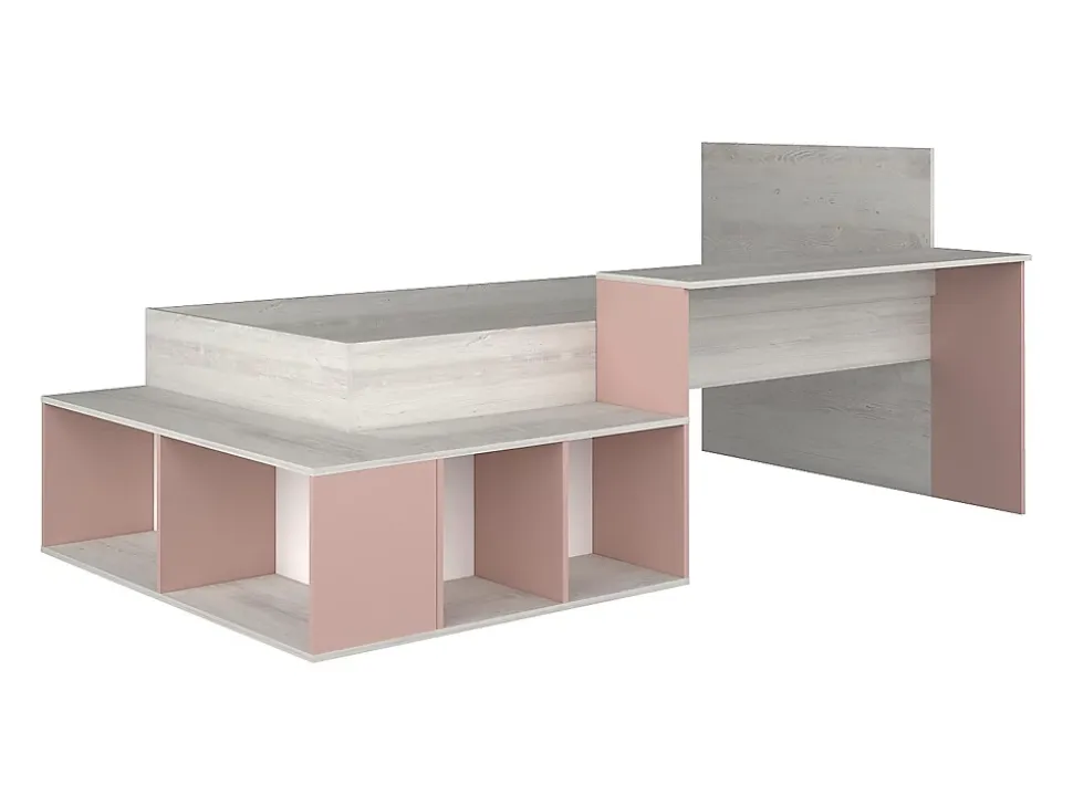 Lit combiné 90 x 200 cm avec rangements et bureau - Coloris : Naturel et Rose - RIGALI