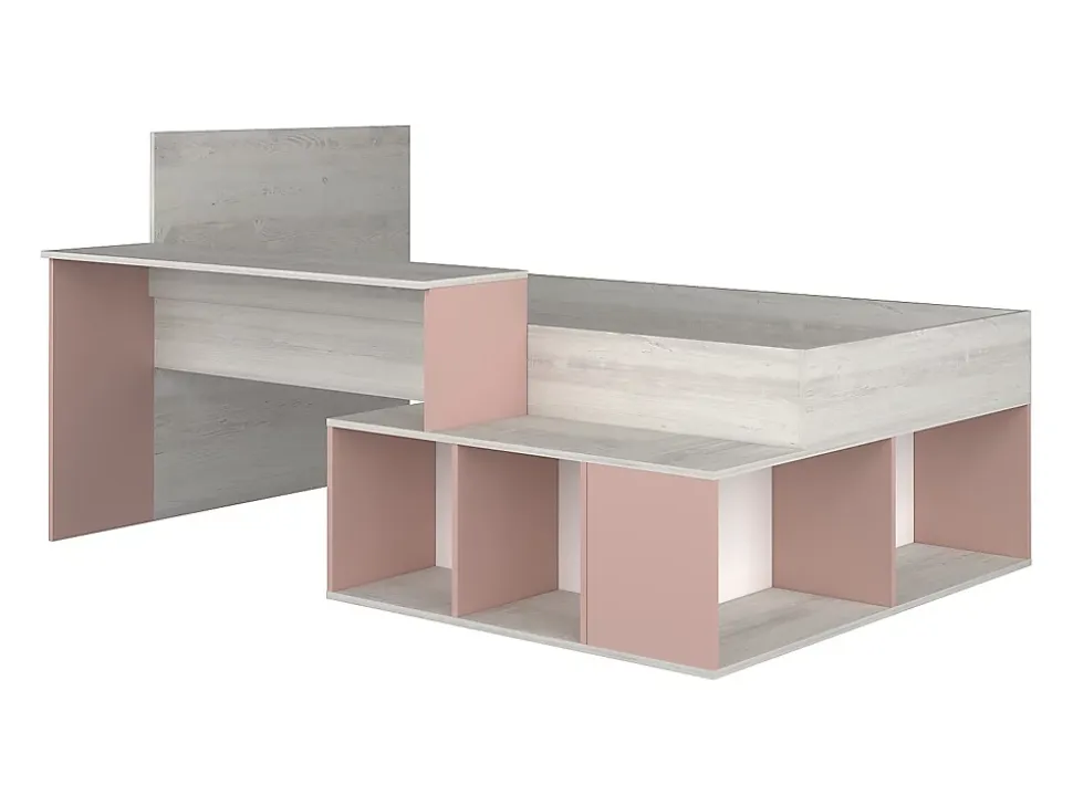 Lit combiné 90 x 200 cm avec rangements et bureau - Coloris : Naturel et Rose - RIGALI