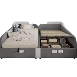 Lit combiné enfant 90x200 cm x2, hydraulique, sac rangement, contreplaqué - gris