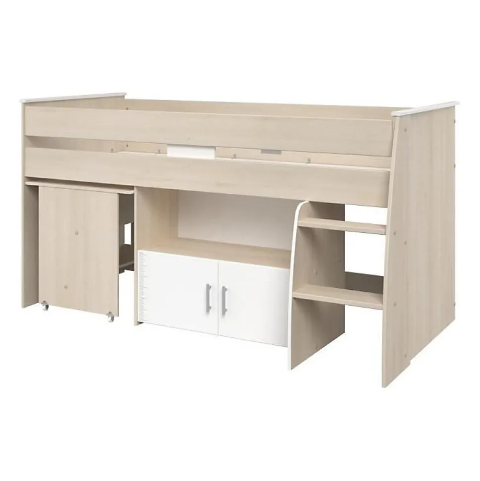 Lit combiné enfant ZOLA 90x200 cm - 2 portes - Avec bureau - Décor acacia clair et blanc - L 206,3 x H 110 x P 114/183 cm - PA