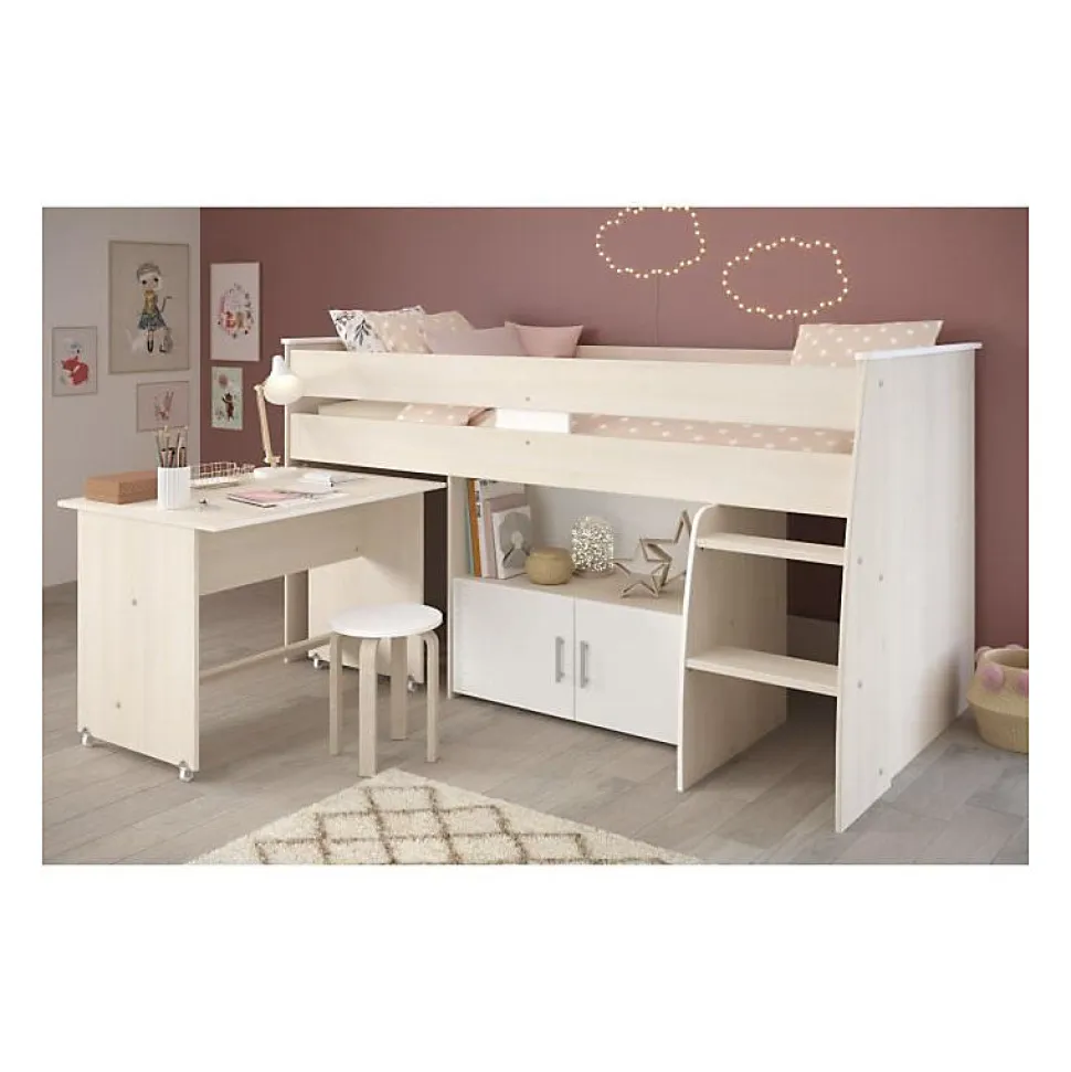Lit combiné enfant ZOLA 90x200 cm - 2 portes - Avec bureau - Décor acacia clair et blanc - L 206,3 x H 110 x P 114/183 cm - PA