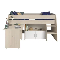 Lit combiné enfant ZOLA 90x200 cm - 2 portes - Avec bureau - Décor acacia clair et blanc - L 206,3 x H 110 x P 114/183 cm - PA