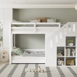 Lit Combiné 90x200 cm - Lit Superposé enfant avec Escaliers et Casier - Bois - Sans Matelas - Blanc