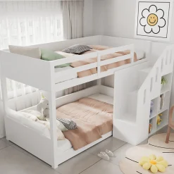Lit Combiné 90x200 cm - Lit Superposé enfant avec Escaliers et Casier - Bois - Sans Matelas - Blanc