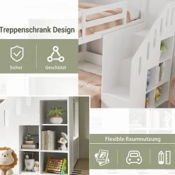 Lit Combiné 90x200 cm - Lit Superposé enfant avec Escaliers et Casier - Bois - Sans Matelas - Blanc