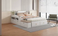 Lit combiné 140x200 cm en bois massif avec tête de lit rangement tiroirs table de chevet armoire et banquette blanc