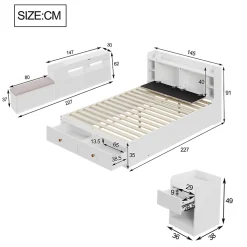 Lit combiné 140x200 cm en bois massif avec tête de lit rangement tiroirs table de chevet armoire et banquette blanc