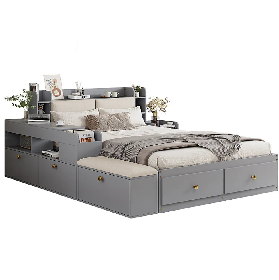 Lit combiné 140x200 cm en bois massif avec tête de lit rangement tiroirs table de chevet armoire et banquette gris