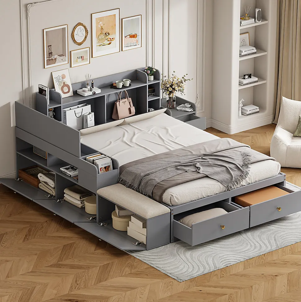 Lit combiné 140x200 cm en bois massif avec tête de lit rangement tiroirs table de chevet armoire et banquette gris