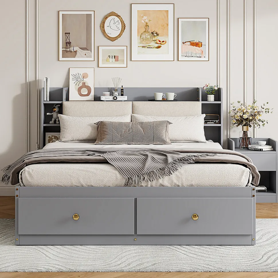 Lit combiné 140x200 cm en bois massif avec tête de lit rangement tiroirs table de chevet armoire et banquette gris