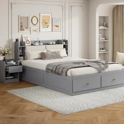 Lit combiné 140x200 cm en bois massif avec tête de lit rangement tiroirs table de chevet armoire et banquette gris