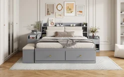 Lit combiné 140x200 cm en bois massif avec tête de lit rangement tiroirs table de chevet armoire et banquette gris