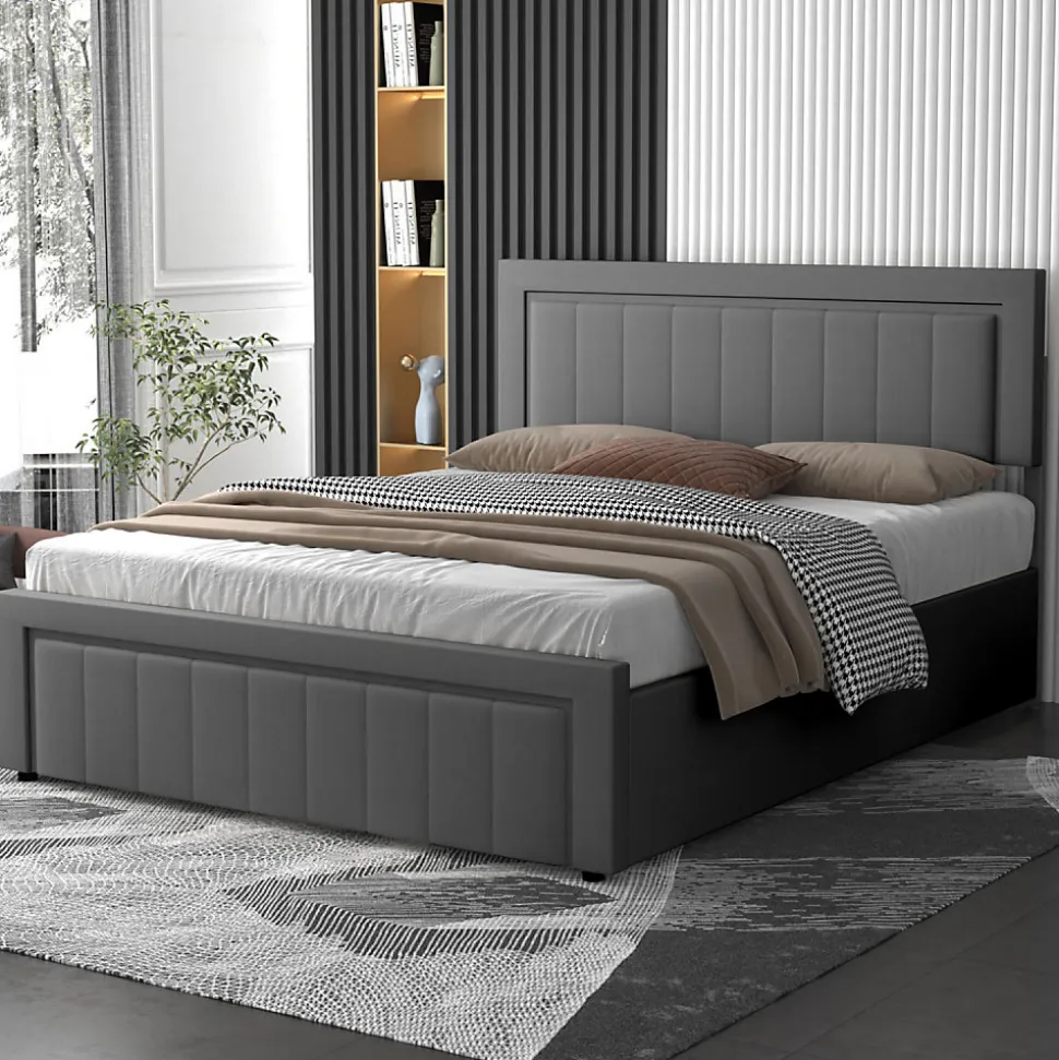 Lit contemporain avec coffre de rangement 140x190cm en velours gris - NASHVILLE