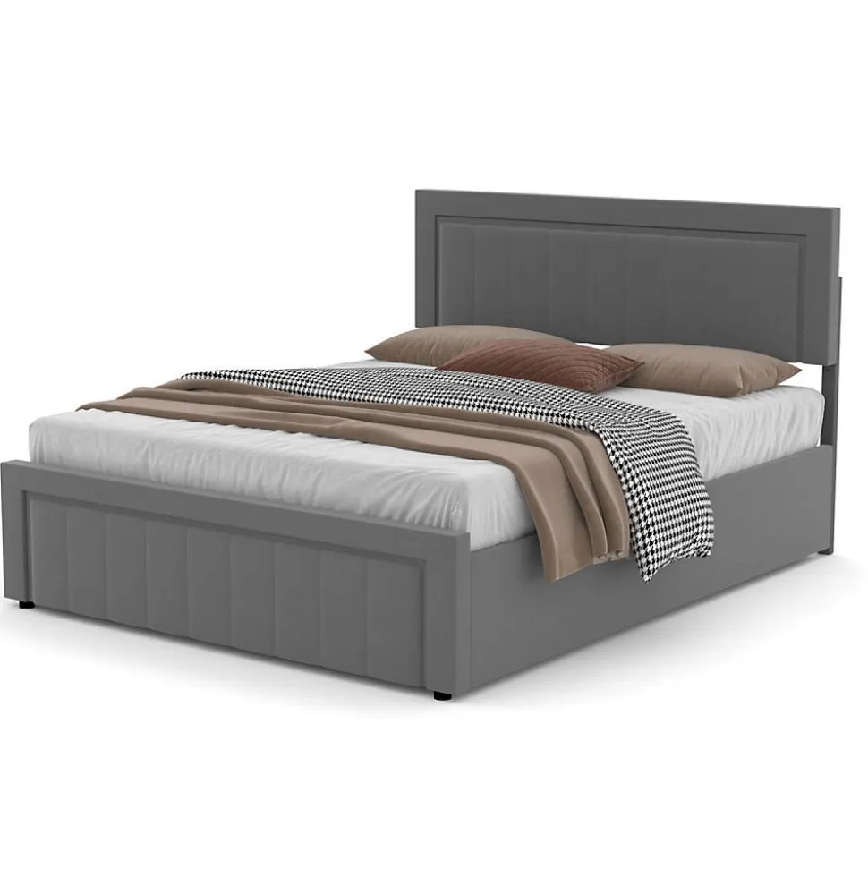 Lit contemporain avec coffre de rangement 140x190cm en velours gris - NASHVILLE