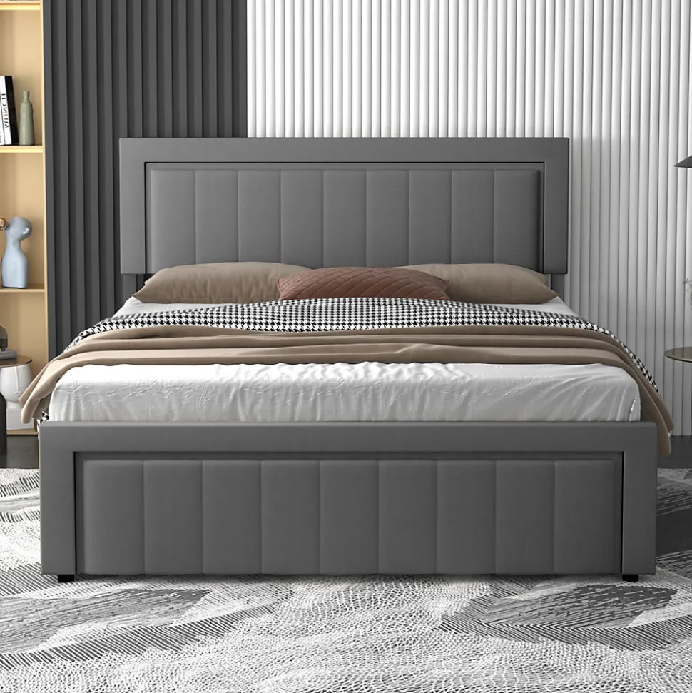 Lit contemporain avec coffre de rangement 140x190cm en velours gris - NASHVILLE