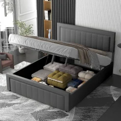 Lit contemporain avec coffre de rangement 140x190cm en velours gris - NASHVILLE