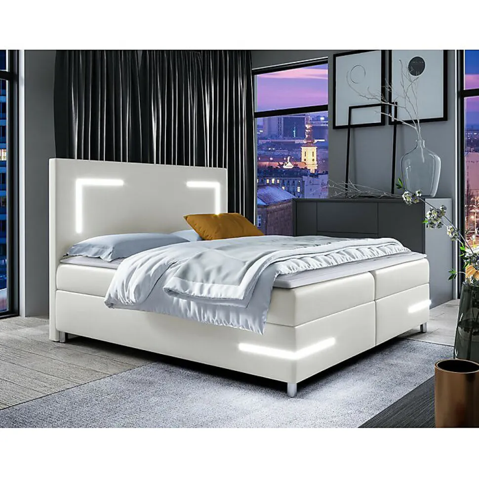 Lit continental Baltimore 173, Double, Blanc, Faux cuir, Disponible