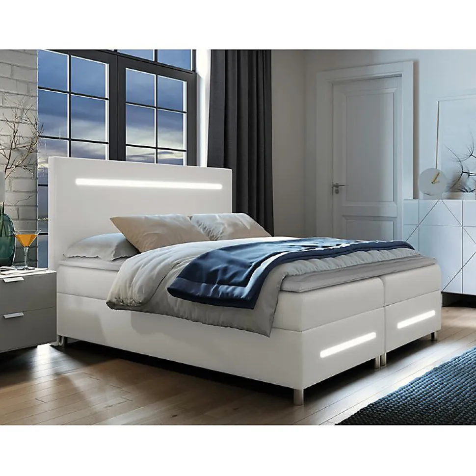 Lit continental Baltimore 174, Double, Blanc, Faux cuir, Disponible