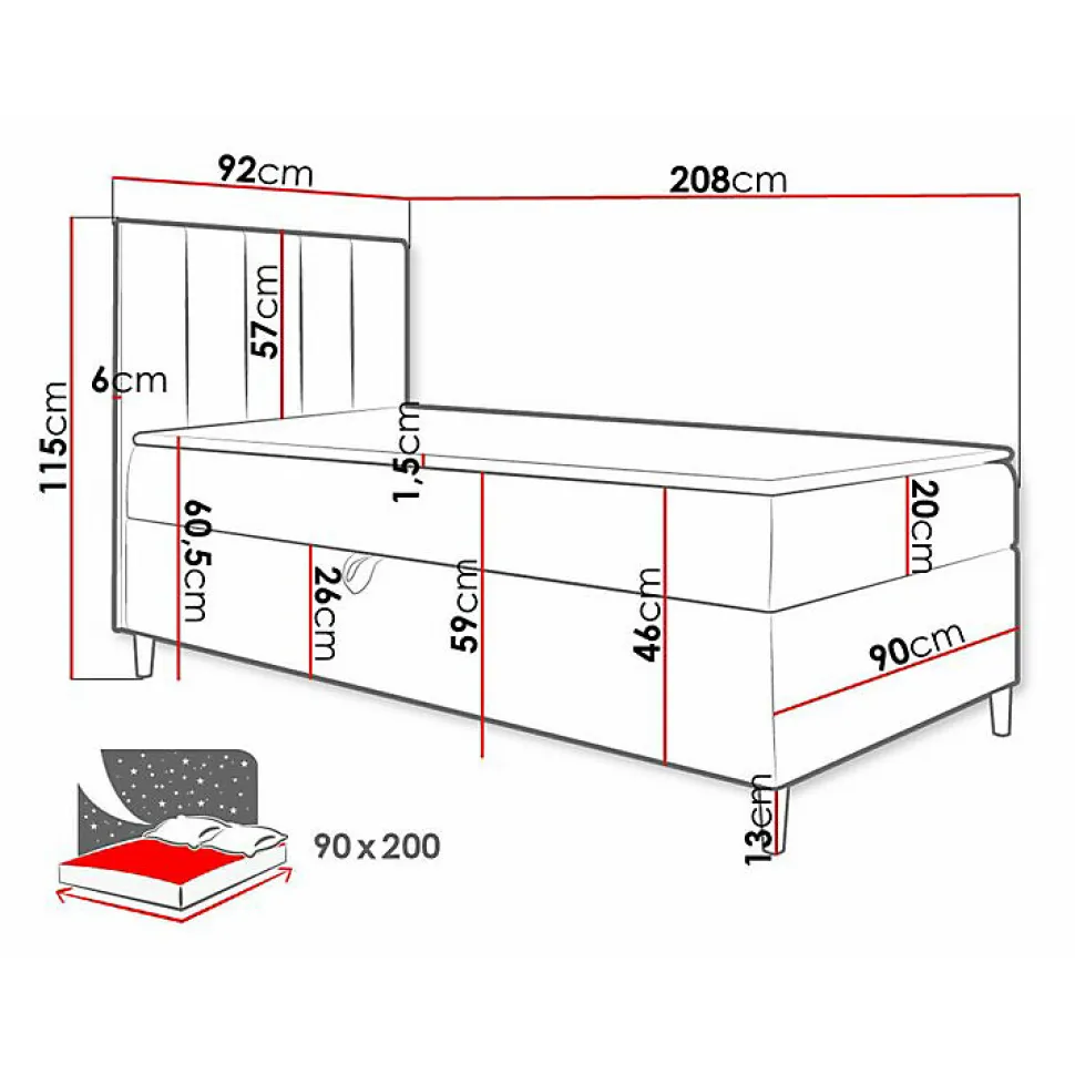 Lit continental Baltimore 170, Unique, Gris, Faux cuir, Disponible