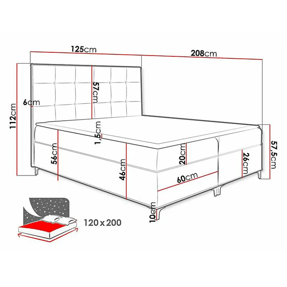 Lit continental Baltimore 185, Unique, Gris, Tissu, Disponible