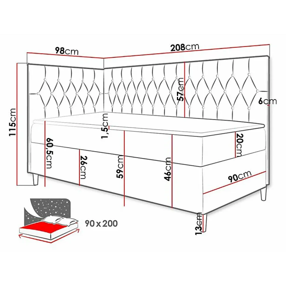 Lit continental Baltimore 167, Unique, Gris, Faux cuir, Disponible