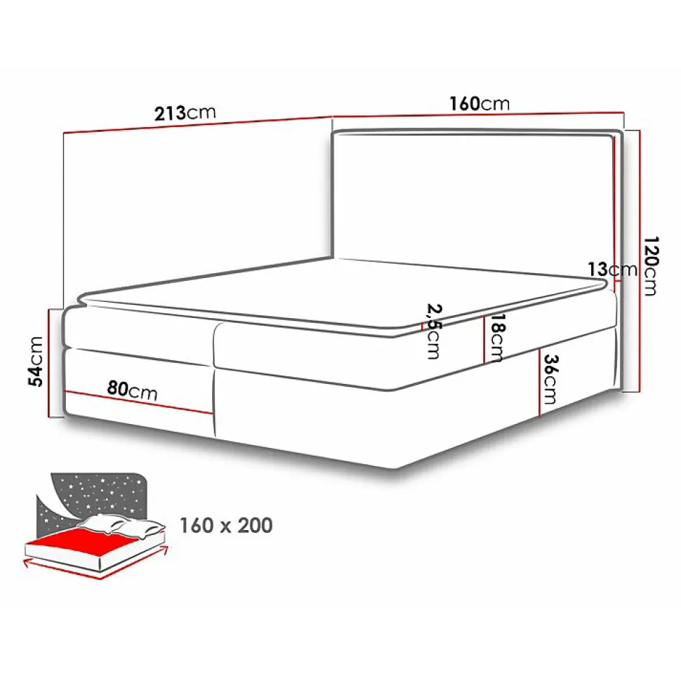 Lit continental Baltimore 163, Double, Gris, Tissu, Disponible
