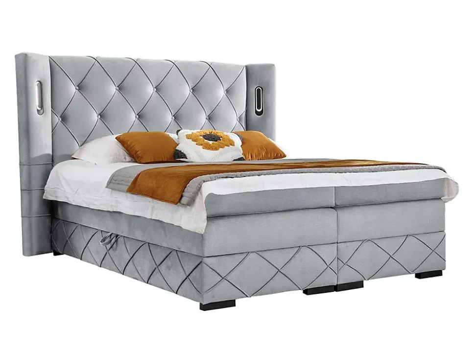 Lit continental Baltimore 187, Double, Gris, Tissu, Disponible