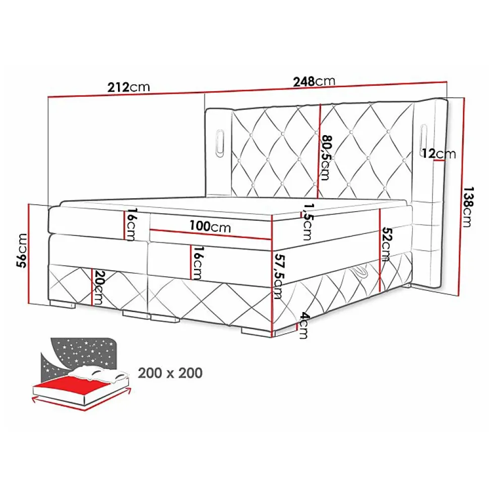 Lit continental Baltimore 187, Double, Gris, Tissu, Disponible