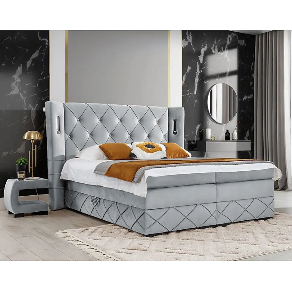 Lit continental Baltimore 187, Double, Gris, Tissu, Disponible